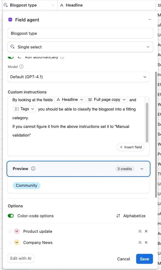Example Airtable Field Agent setup for content classification