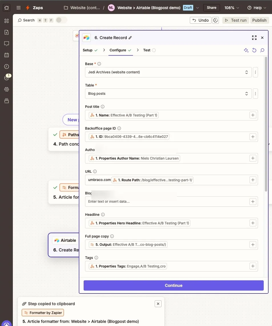 Airtable field mapping for creating or updating blog post records