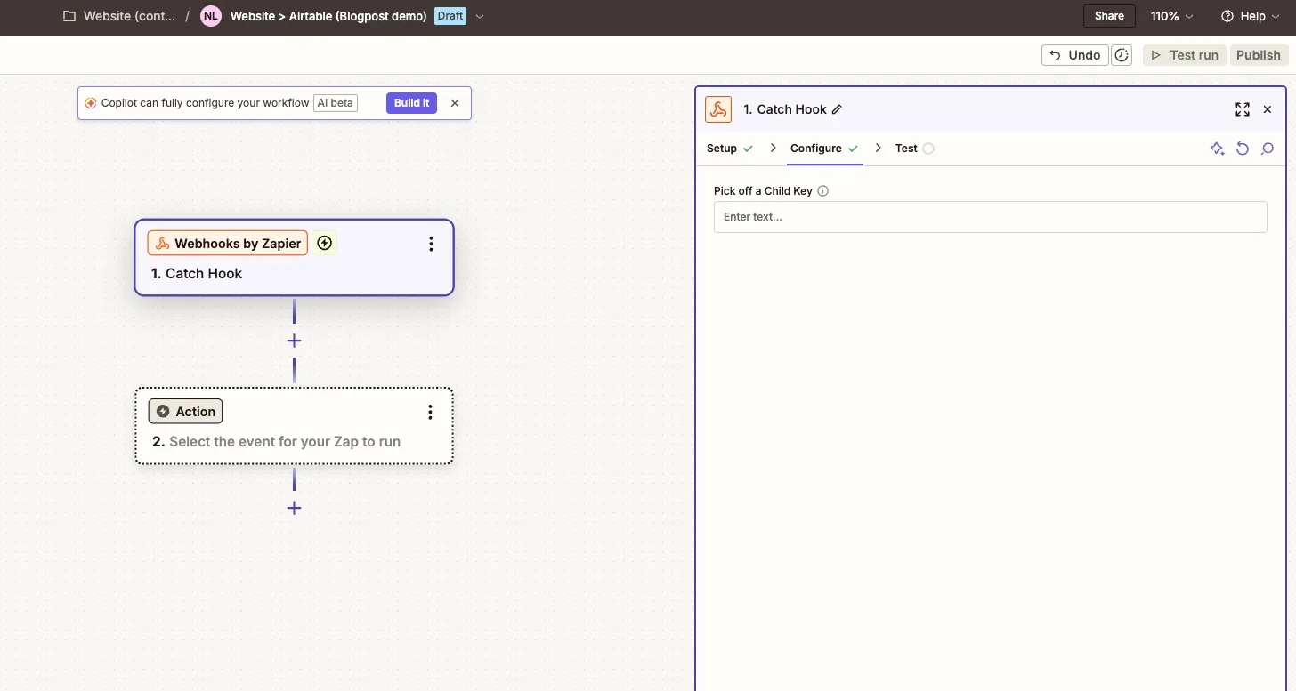 Zapier webhook trigger setup (Catch Hook)