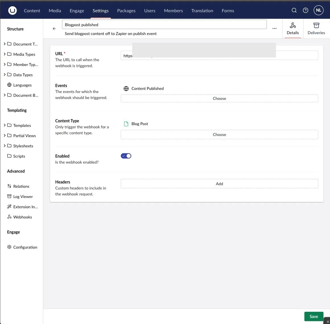 Umbraco webhook configuration for blog post publish events