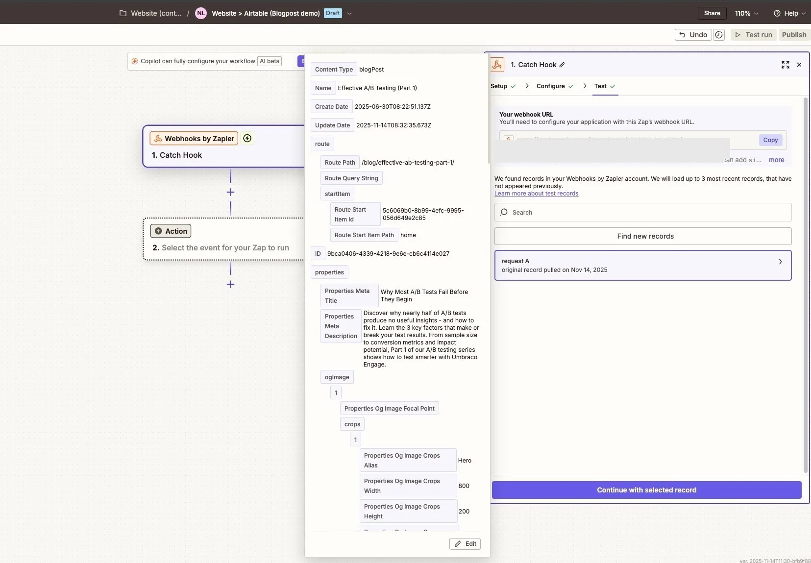 Save and publish in Umbraco to trigger the webhook test