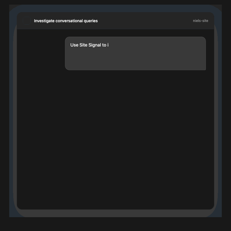 An animated Page Evidence workflow in Codex, moving from a question-query investigation prompt to measured Search Console evidence.