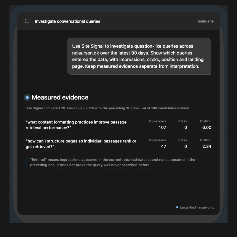 Page Evidence example in Codex showing a conversational-query investigation and its measured Search Console evidence.